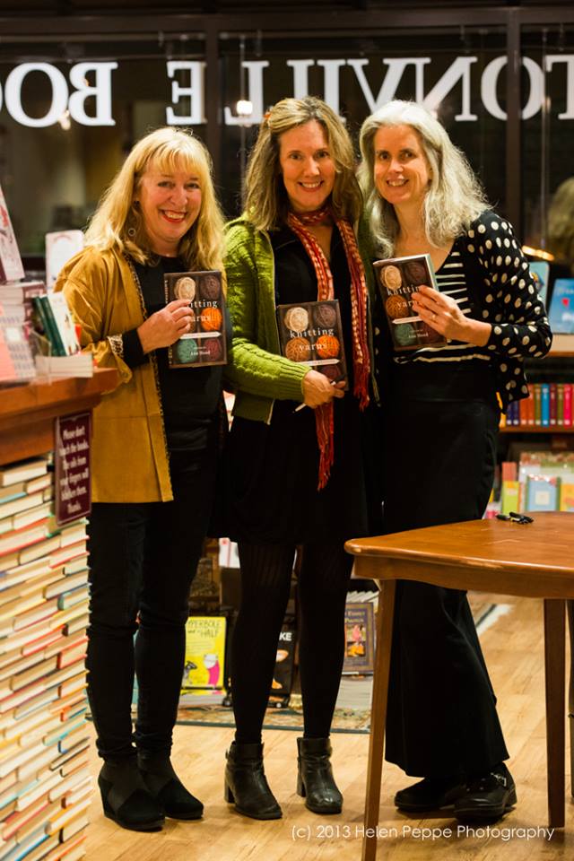 Knitting Yarns contributors Marianne Leone, Elizabeth Searle, and Suzanne Strempek Shea at the Knitting Yarns book launch at Newtonville Books on Nov. 9th; photo by Stonecoast alum, Helen Peppe